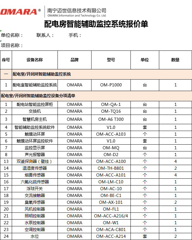 配電房標(biāo)準(zhǔn)輔助監(jiān)控系統(tǒng)配置的報(bào)價(jià)單